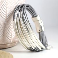 Grey multi strand leather and silver bars bracelet
